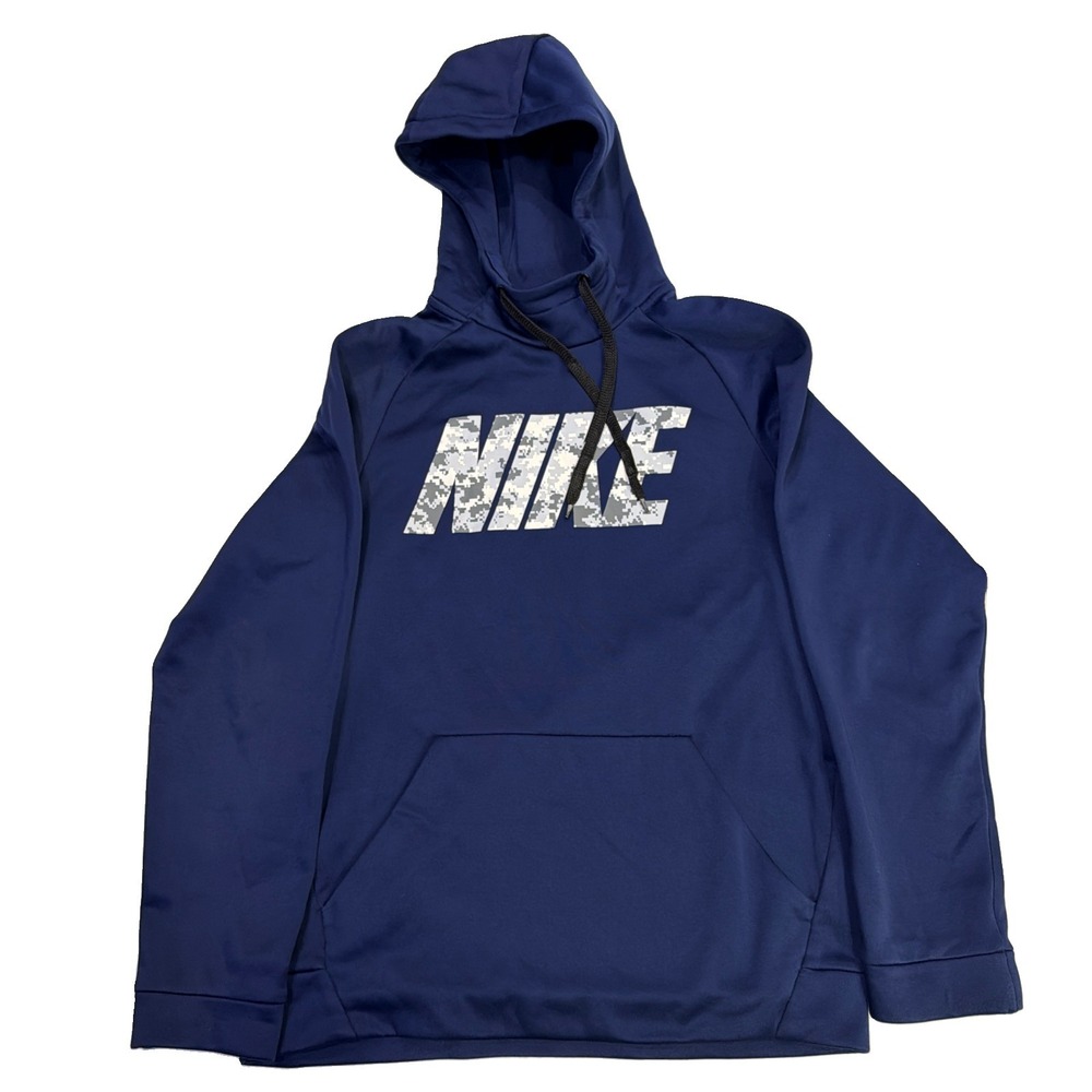 Nike Dri-Fit Pullover Hoodie Men's smallBlue Camouflage Spellout Logo Fleece